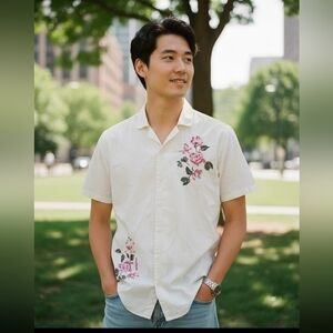 Hollister Cream Shirt with Pink Floral Embroidey Design Sz S